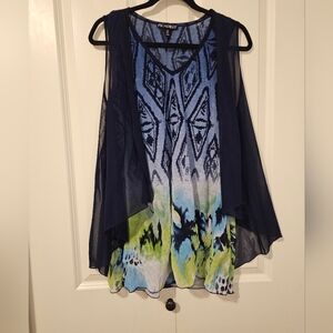 PICADILLY Womens Blue & Green Patterned Sheer Sleeveless Top SZ M